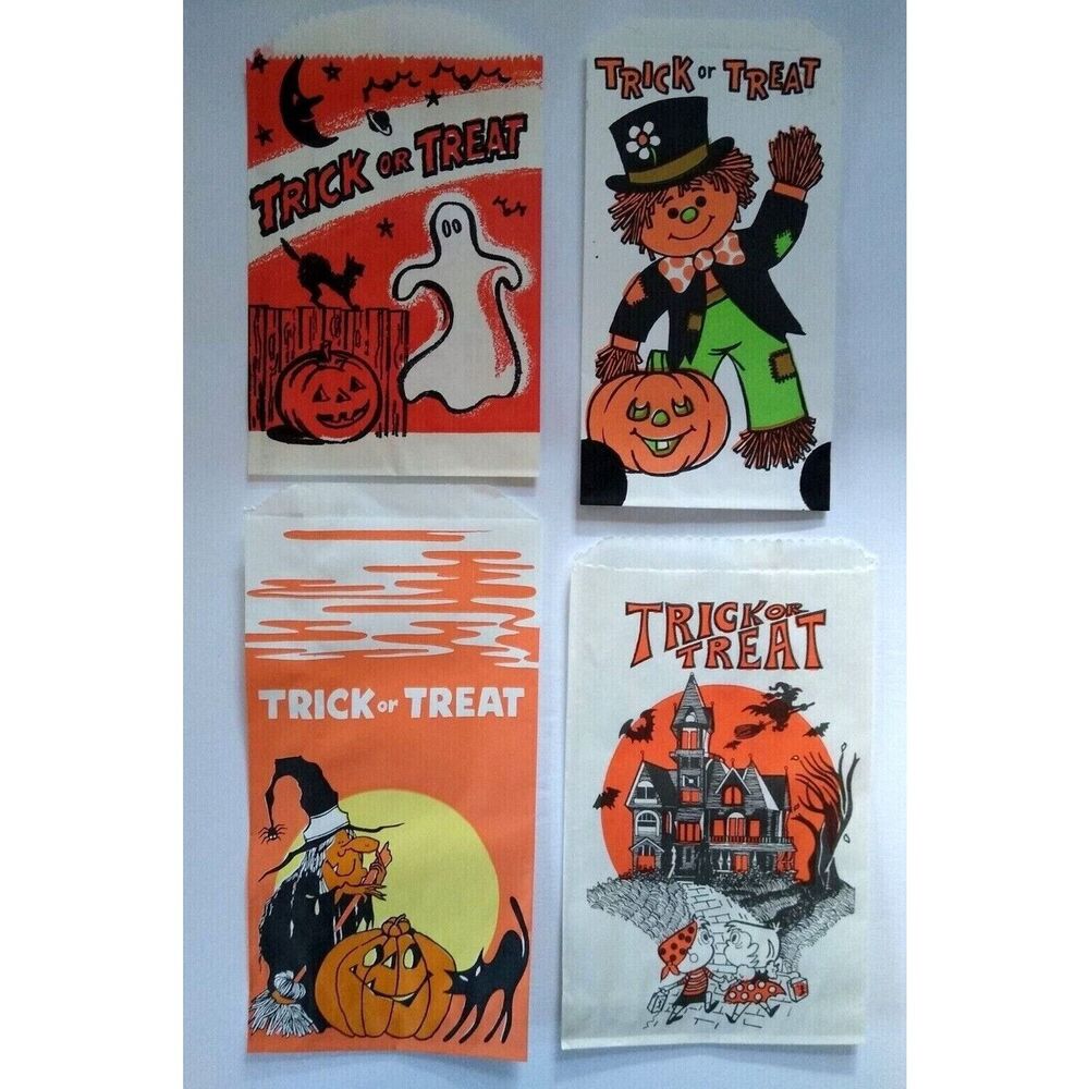 Halloween Candy Treat Bags Ghost Crescent Moon Man Scarecrow Black Cat Witch